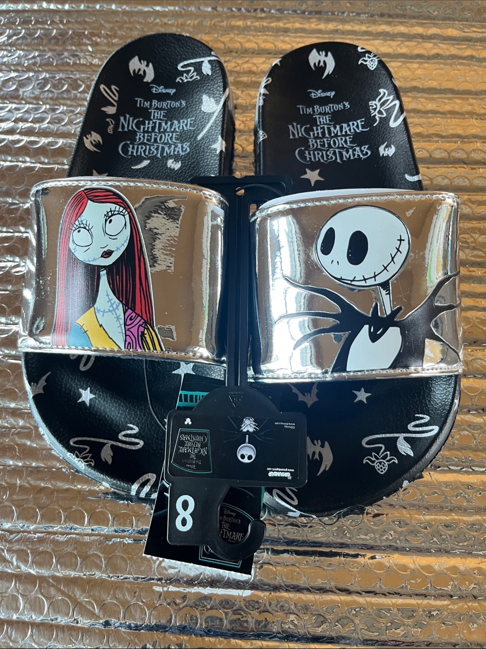 Disney The Nightmare Before Christmas Silver Black Slide Sandals (Jack & Sally)
